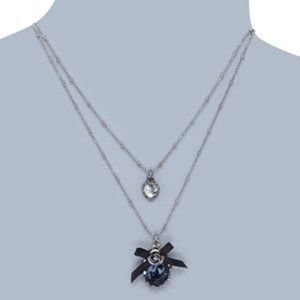 🌿Betsey Johnson Blue Crystal Heart Rose Ribbon Bow Layered Necklace🌿